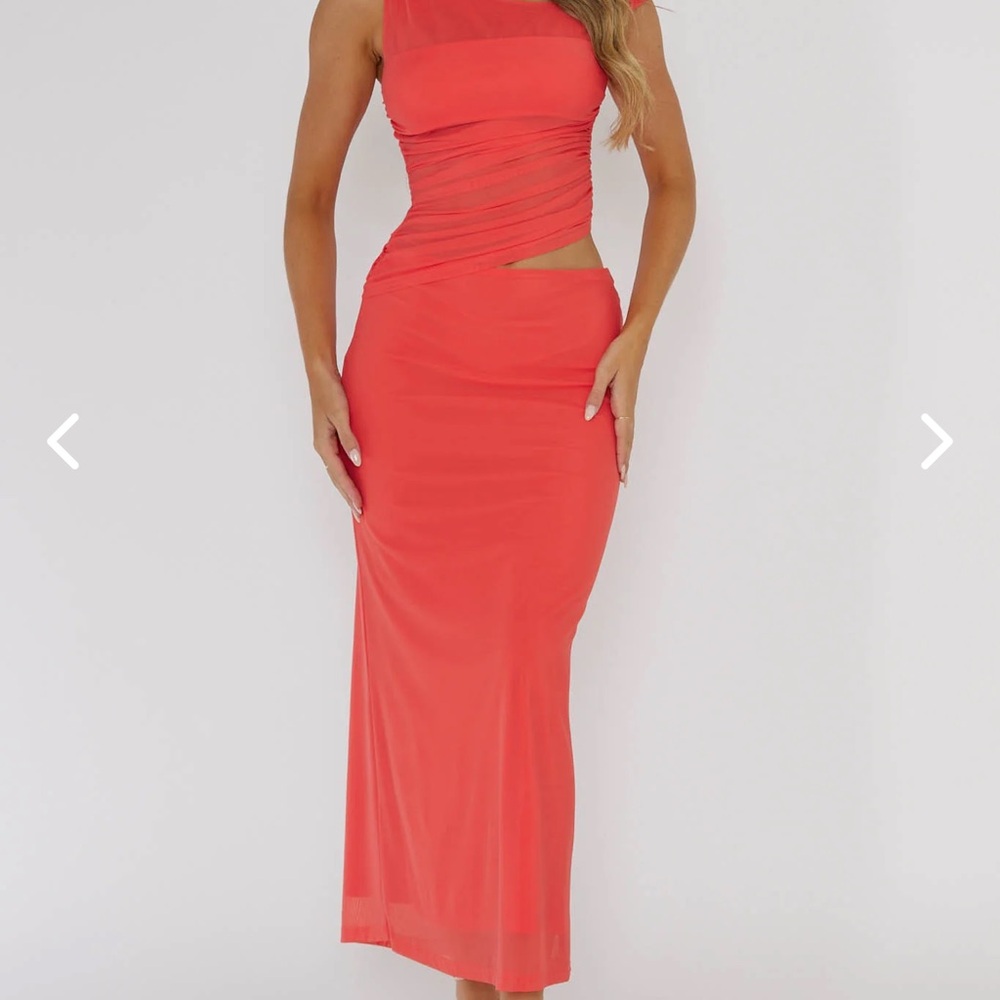 Selfie Leslie Lorely Ruched Bodice Twist Strap Midi Dress Watermelon